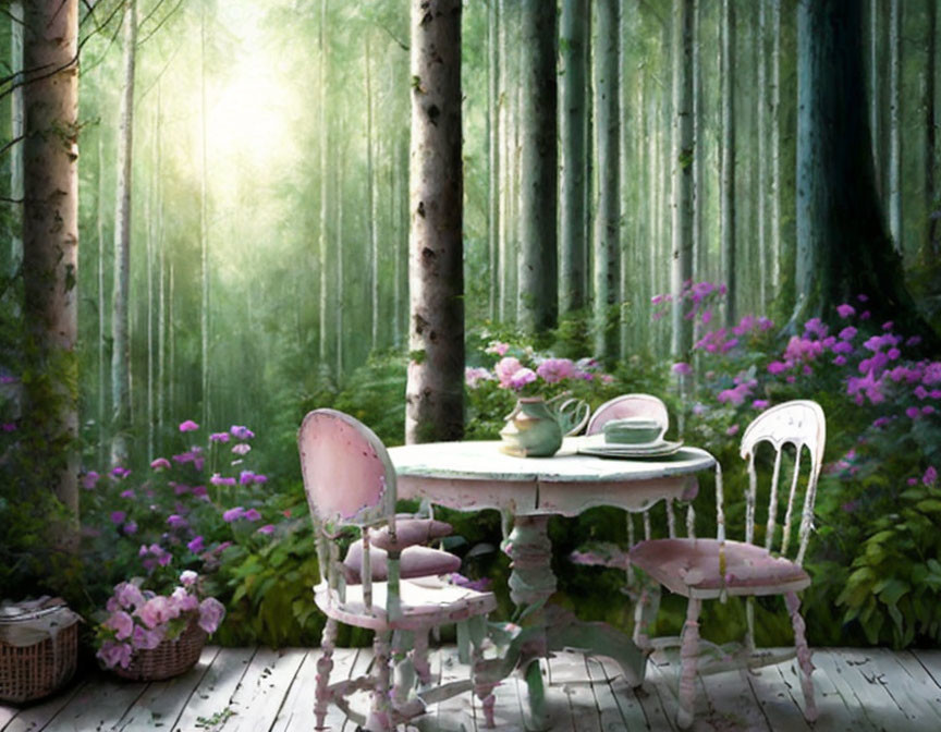 Tranquil forest scene with vintage table, chairs, birch trees, and purple flowers