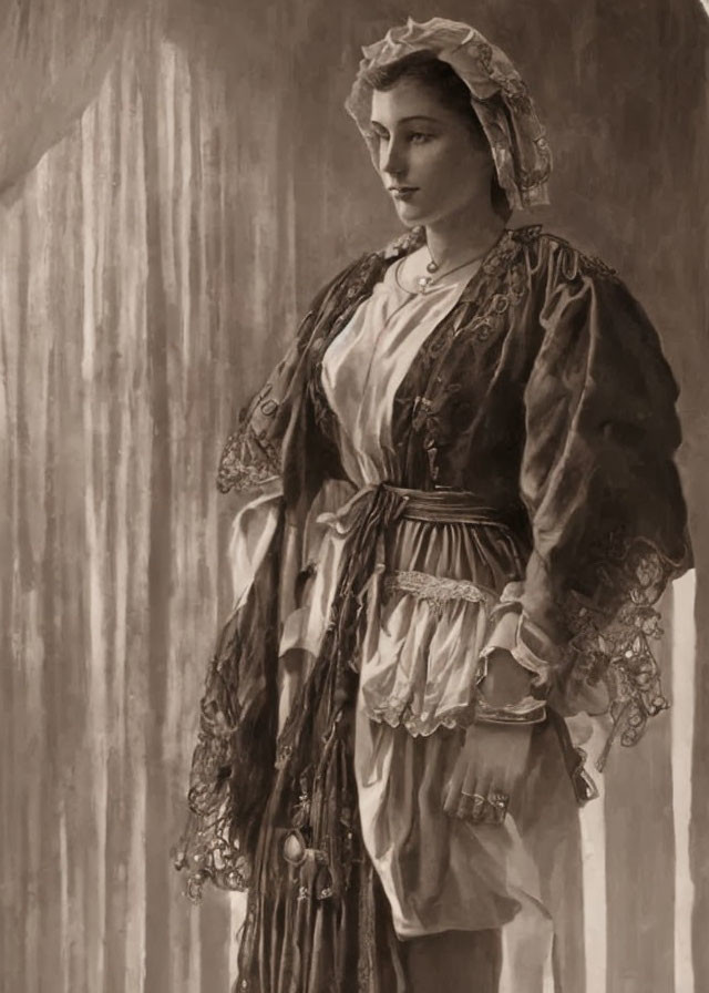 Sepia-toned portrait of woman in historical dress with headscarf, lacy sleeves, and