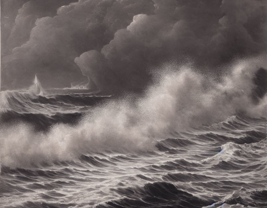 Monochrome artwork of stormy sea with crashing waves and sailboat