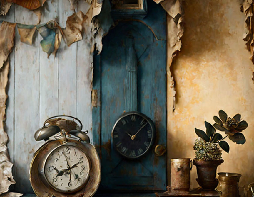 Vintage room decor with blue grandfather clock, torn wallpaper, alarm clock, plants, and hanging garment.