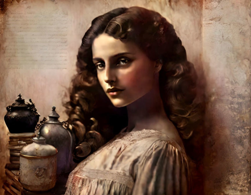 Vintage portrait of young woman with wavy hair in period dress and antique pots on textured backdrop