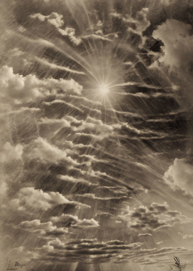 Sepia-Toned Image of Dramatic Sky with Sun Rays Through Clouds