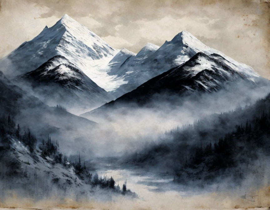 Majestic snow-covered mountain peaks above misty valley with river and sparse trees.