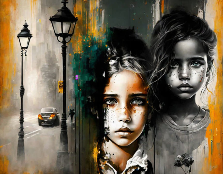 Colorful urban portrait blending girl and cityscape