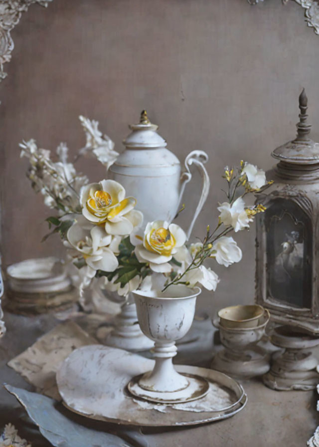 Classic Still Life Composition with Flowers, Teapot, Dishes, and Lantern