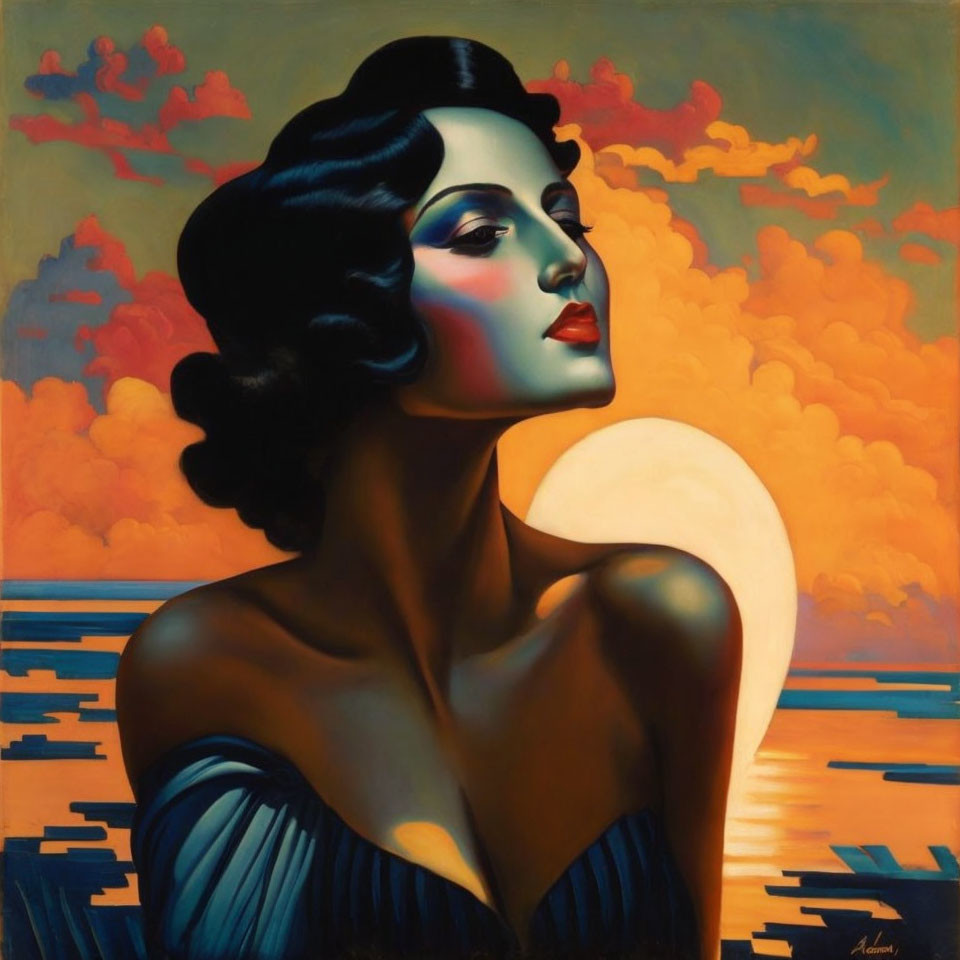 Elegant woman with dramatic makeup in sunset setting