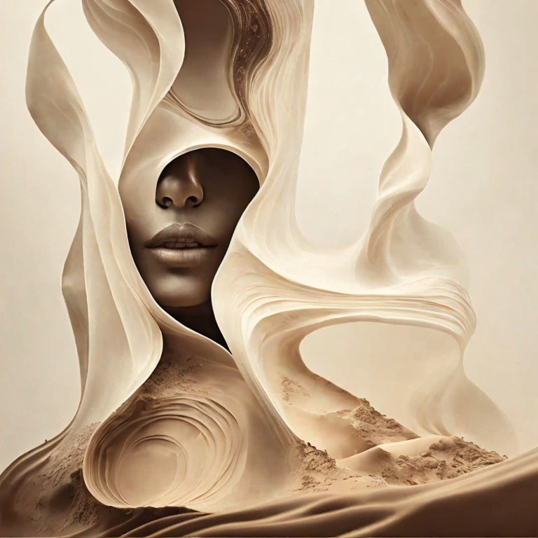 Abstract surreal portrait blending woman's face with swirling sandstone-like formations