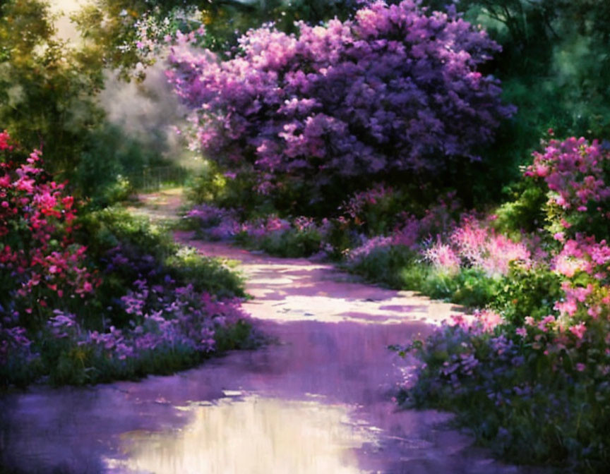 Tranquil Path with Purple and Pink Flowers