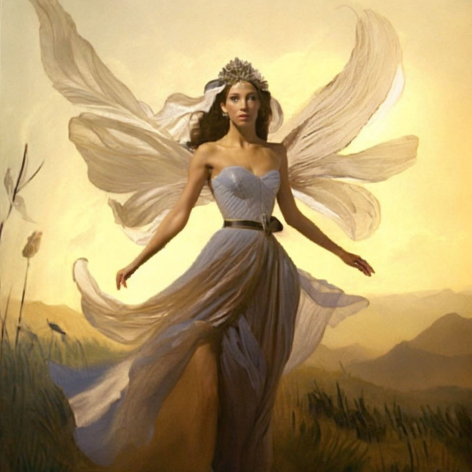 Poised woman with angelic wings in flowing gown against soft sunset.