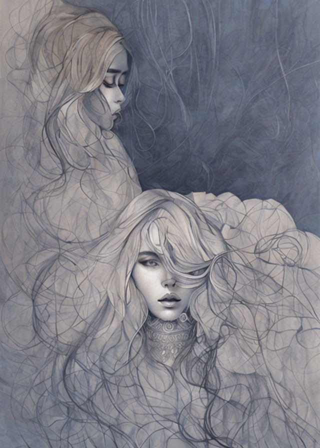 Monochromatic artwork of two ethereal women with flowing hair intertwined