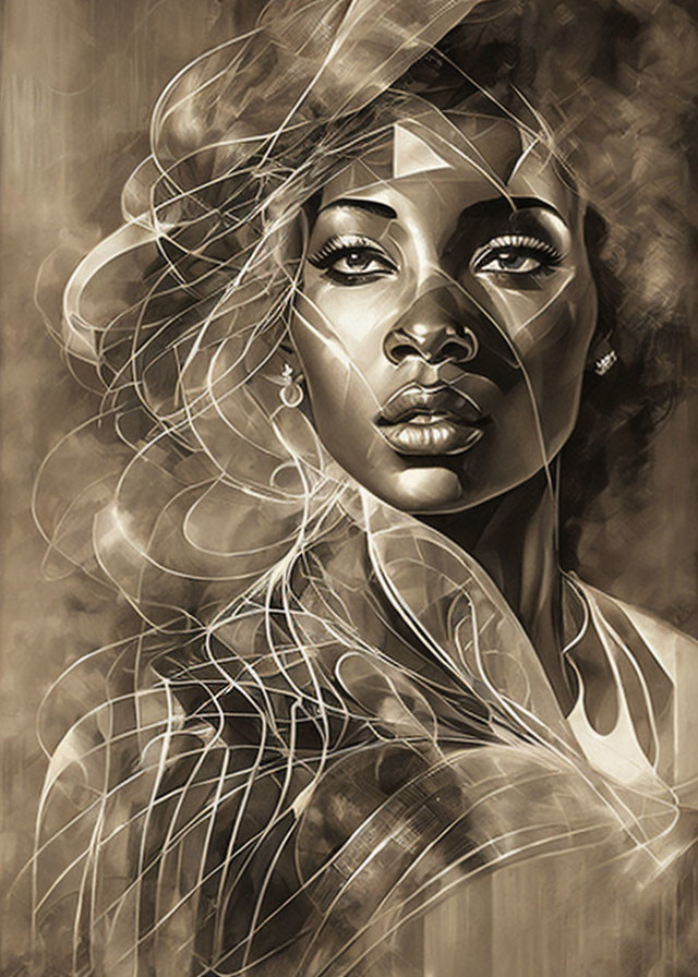 Monochromatic digital artwork: Woman with flowing lines and swirls