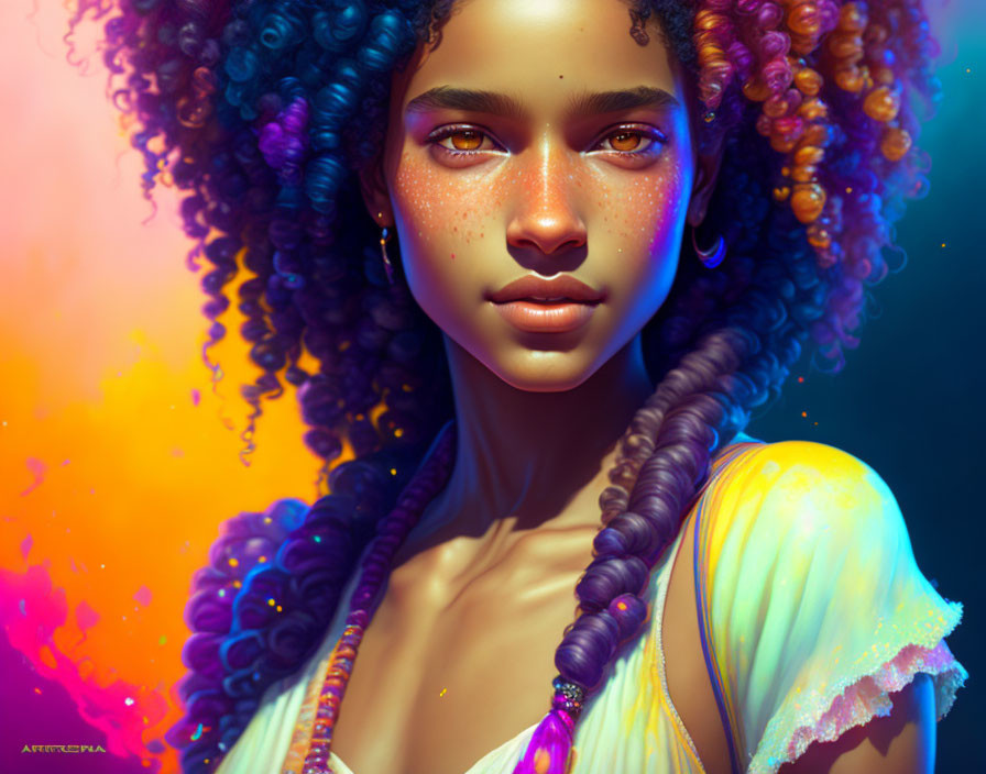 Multicolored Curly Hair Woman Artwork with Freckles & Green Eyes