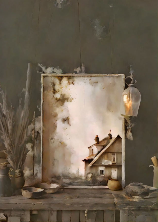 Whimsical painting features detailed house on platform with scattered pages and fish in light bulb