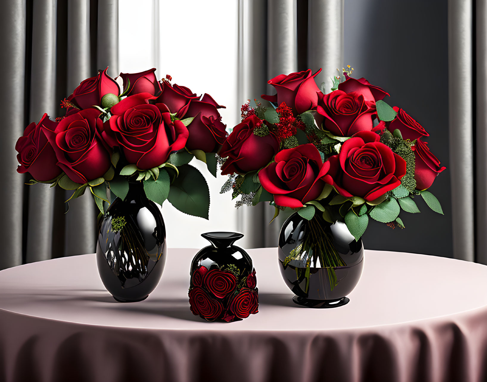 Red Roses Bouquets in Black Vases on Table with White Cloth and Grey Curtains