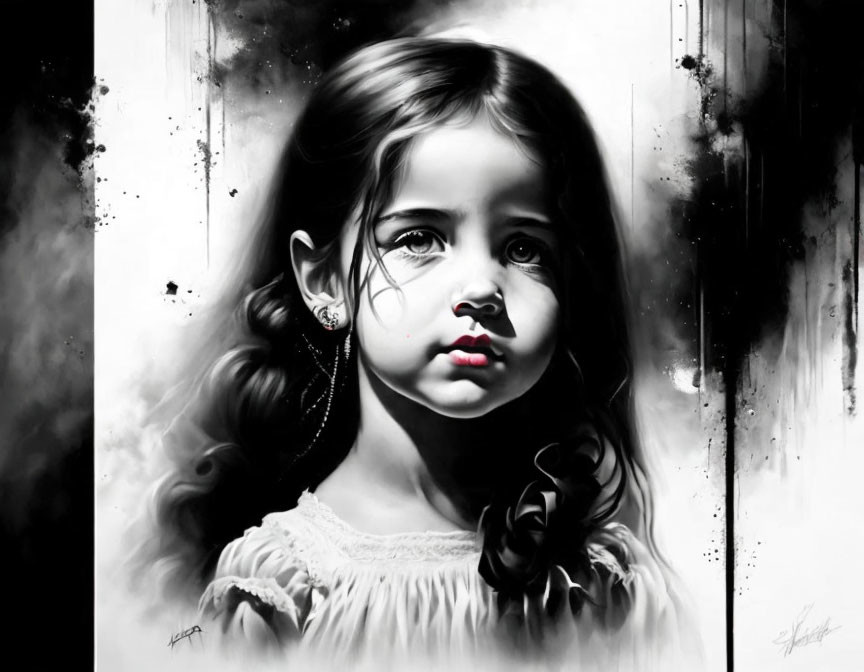 Monochromatic painting of contemplative young girl with red tear on splash-textured background