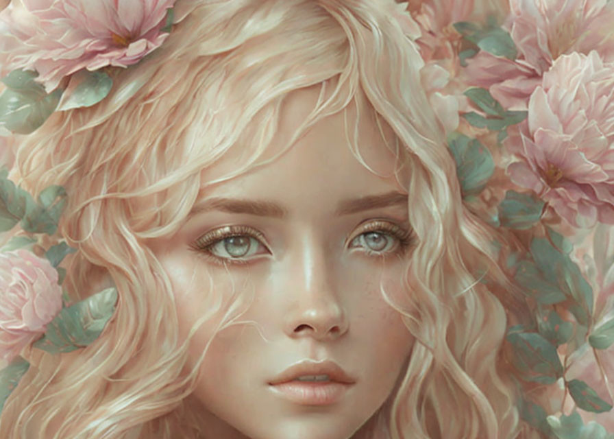 Detailed Digital Art Portrait of Young Woman with Wavy Blonde Hair and Pink Flowers