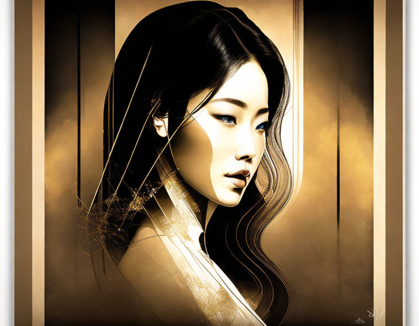 Stylized portrait of a woman with long dark hair in golden hues