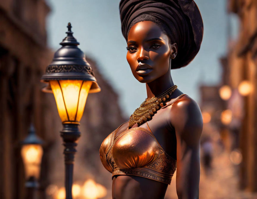 Digital artwork: Woman in headwrap and metallic top on warm-toned street