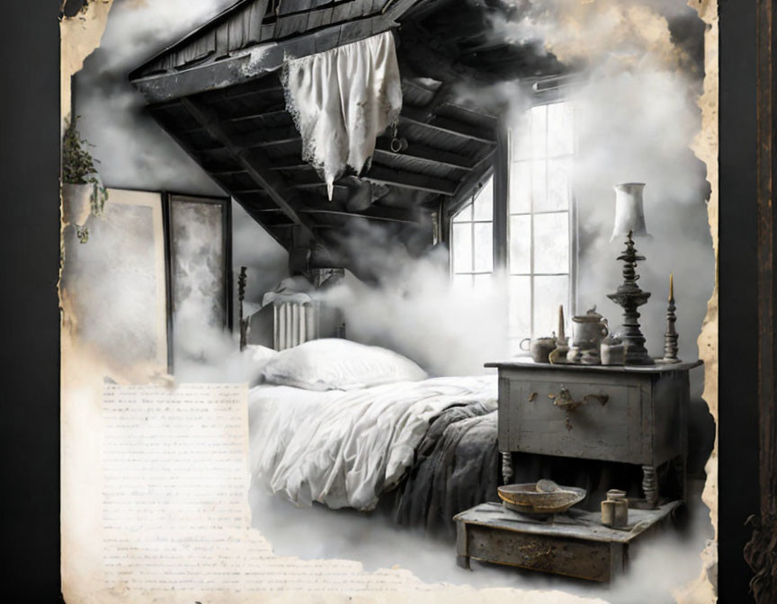 Monochrome painting of cozy rustic bedroom with draped bed, fog, vintage furnishings