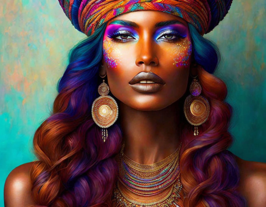 Colorful digital portrait of woman with turban, bold purple makeup, and hoop earrings