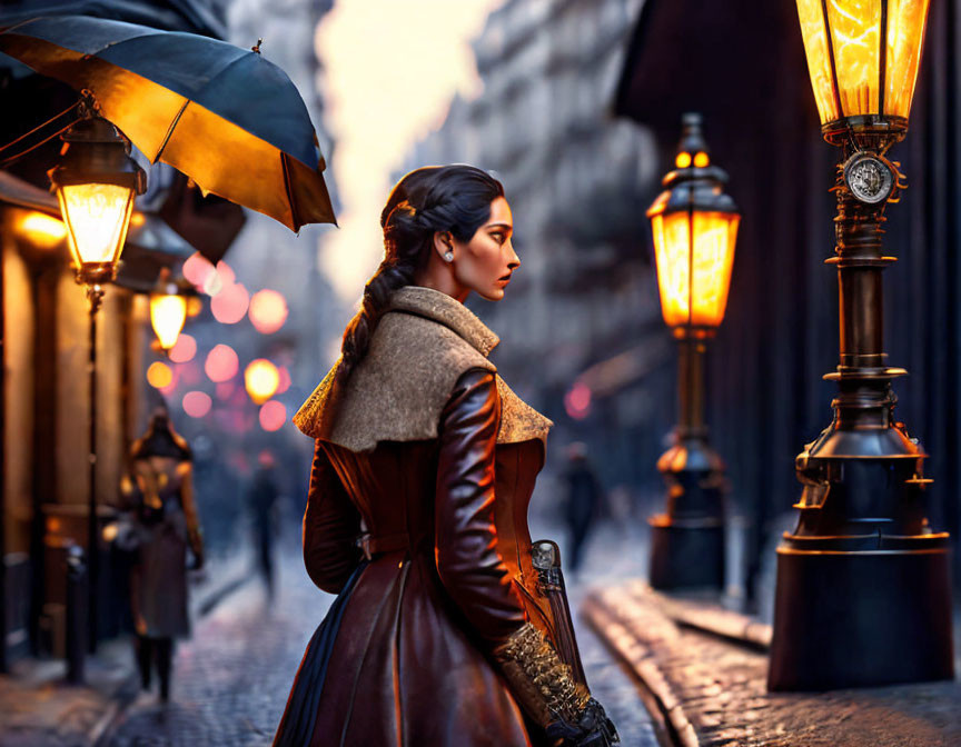 Pensive woman in brown coat by lit street lamp at twilight