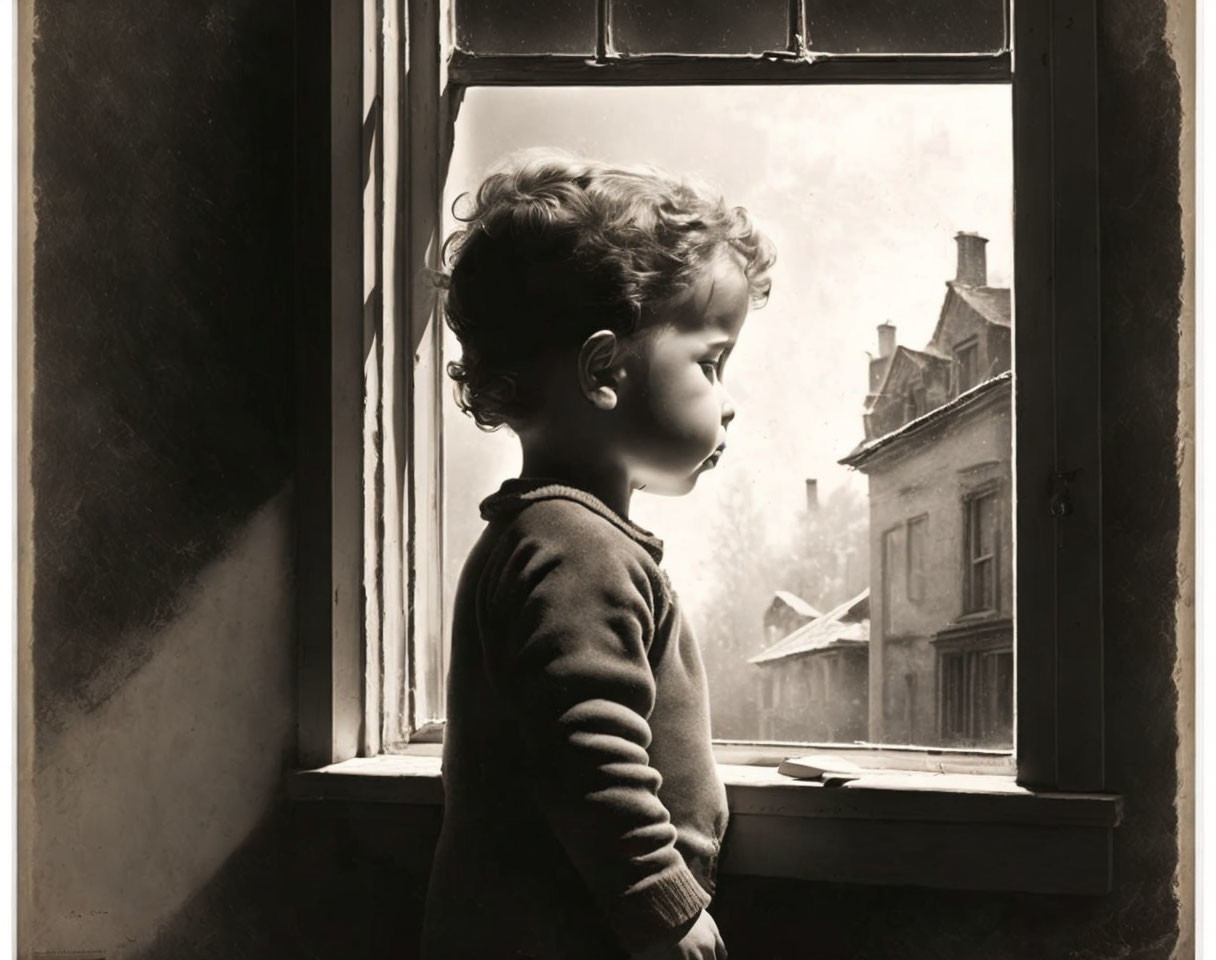 Child looking out of window with natural light and old buildings in background