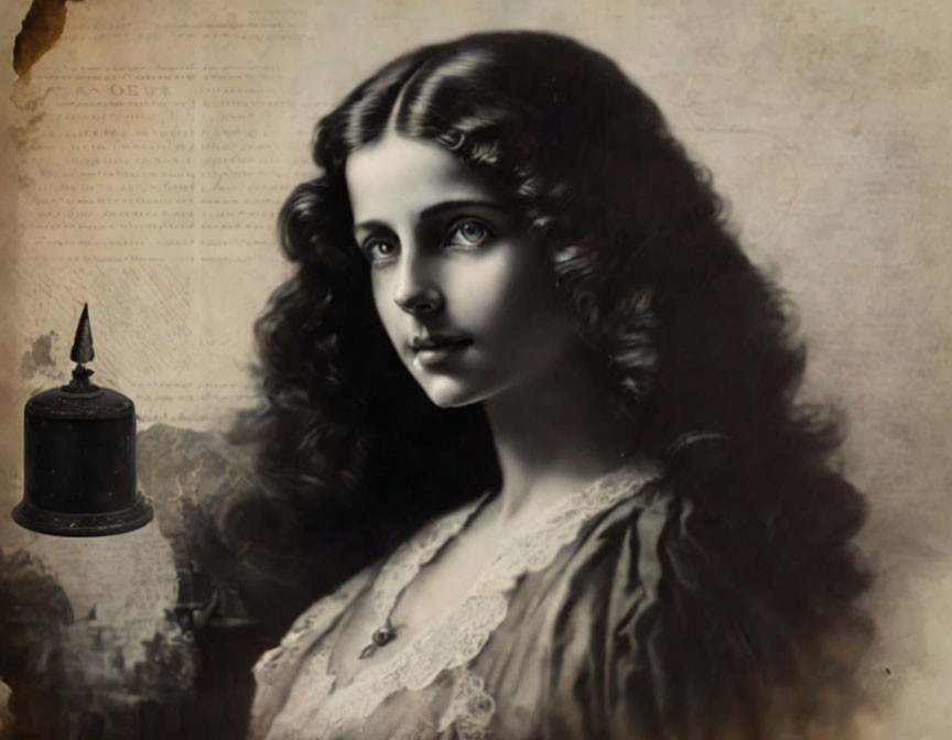 Woman in frilled dress with wavy hair and inkwell on parchment.