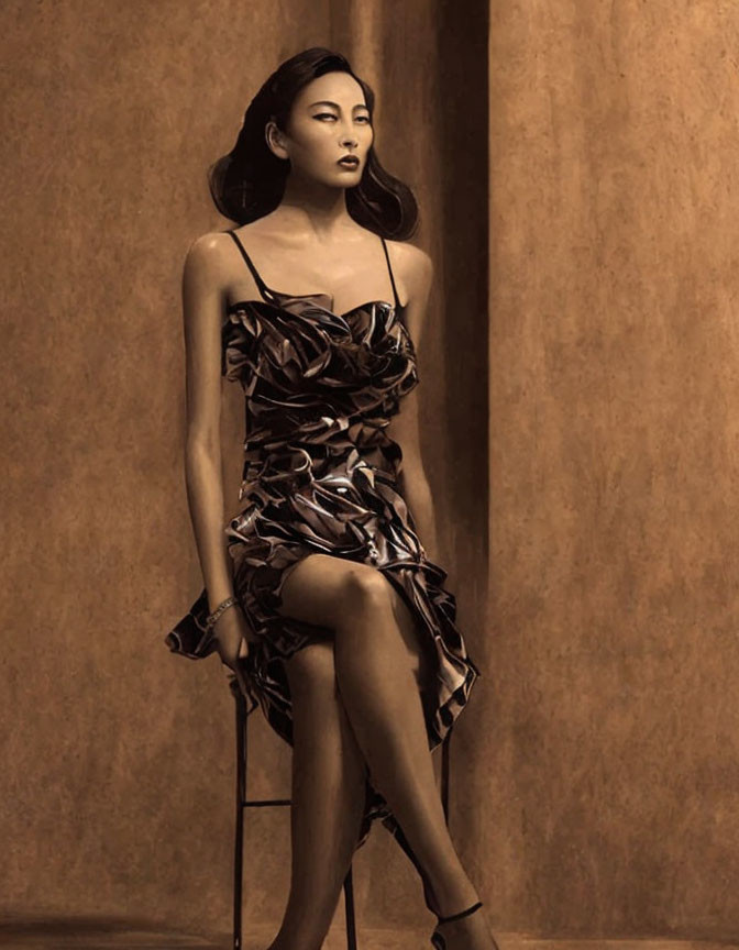 Fashionable woman in metallic ruffled dress on stool against monochromatic backdrop