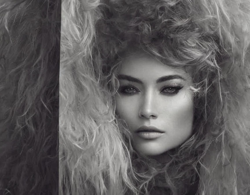 Monochrome portrait of woman with voluminous wavy hair and intense eyes