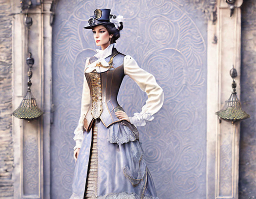 Steampunk-themed woman in corset and top hat by ornate doors