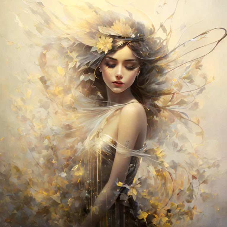 Ethereal portrait of a woman with flowing hair and flowers