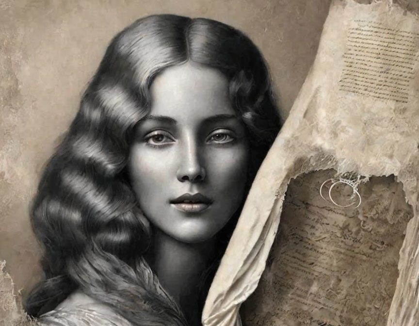 Vintage-style portrait of woman with wavy hair and torn paper overlay elements