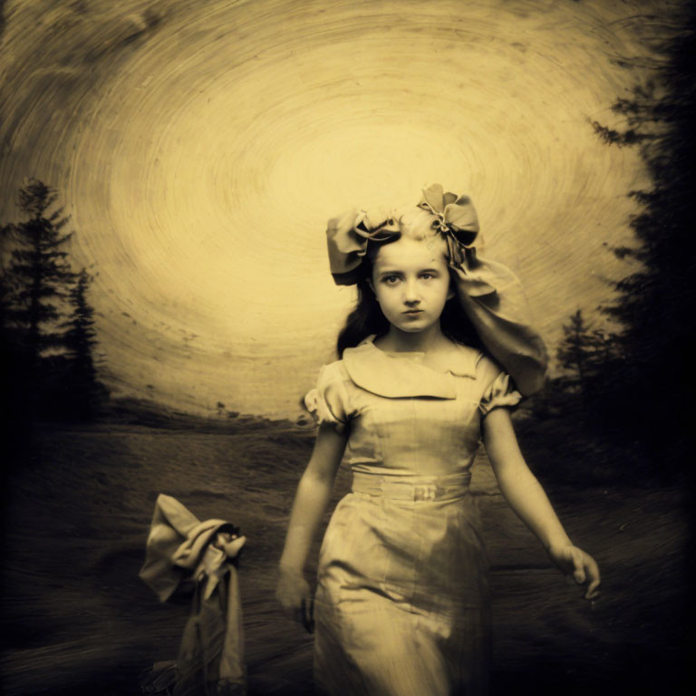 Sepia-Toned Vintage Image: Young Girl in Forest with Dreamlike Background