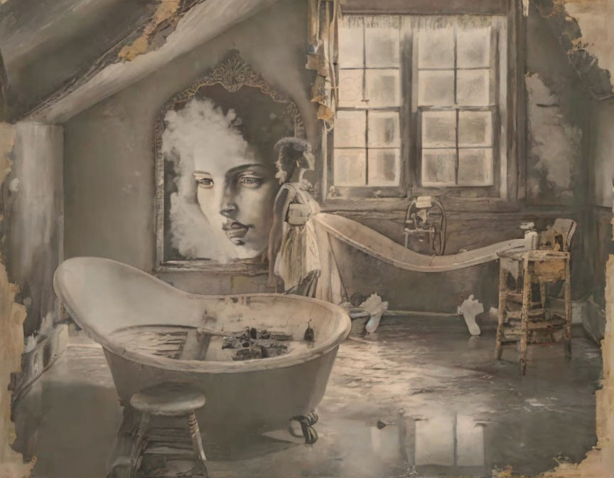 Vintage Bathroom Artistic Impression with Bathtub & Woman Reflection