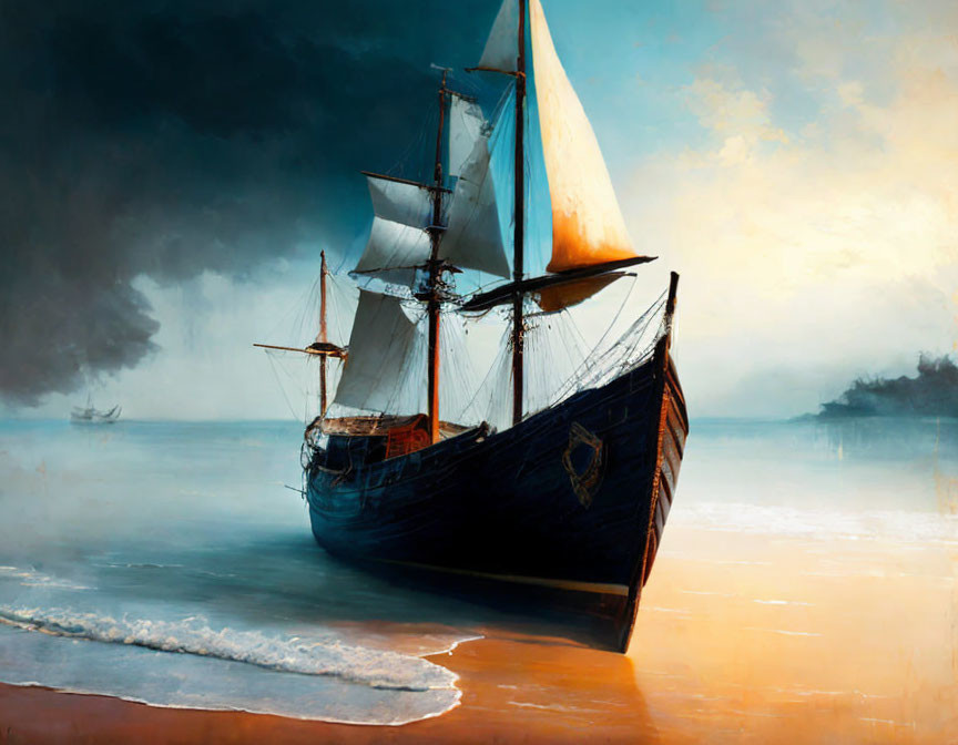 Sailboat painting with billowing sails and dramatic sky