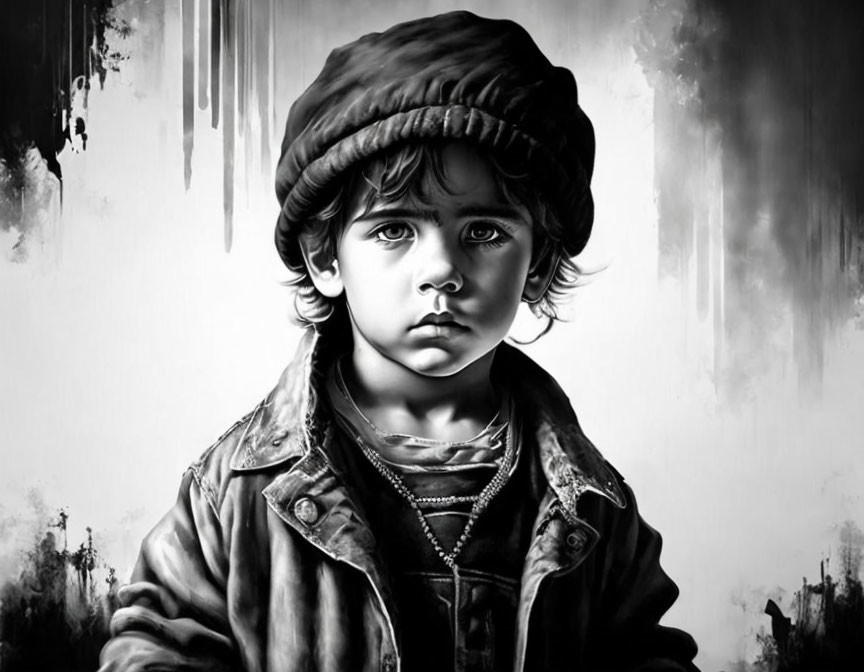 Monochrome artwork of a child in cap and leather jacket