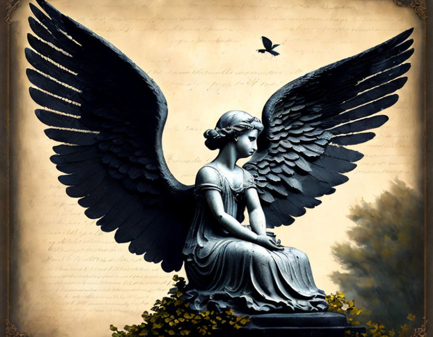 Angel statue with outstretched wings and bird against script backdrop