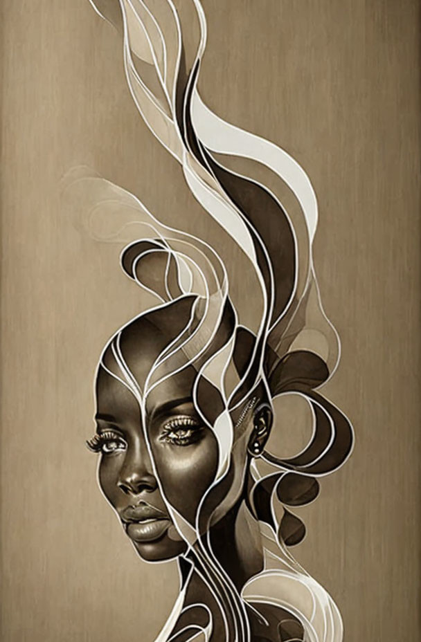 Dark-skinned woman with white plantlike hair in artistic illustration.