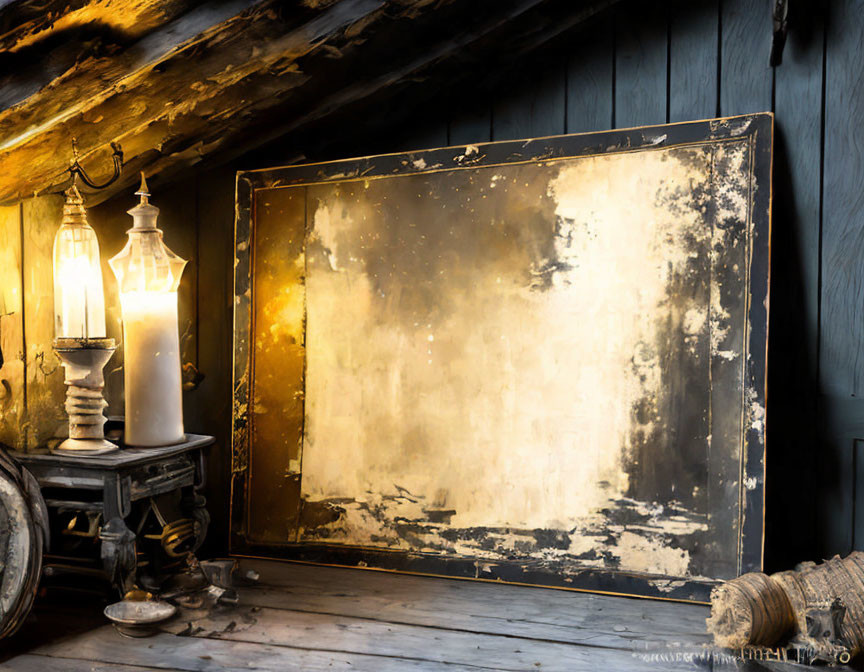 Vintage gold-framed mirror in rustic attic with lantern on table