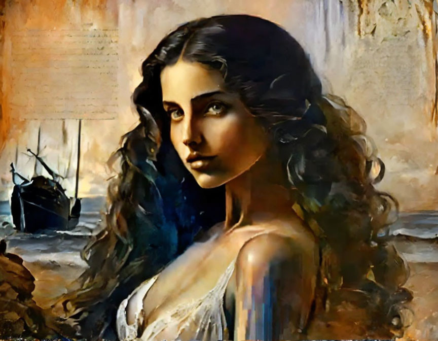 Dark-haired woman with intense gaze in front of shipwreck scene in warm tones