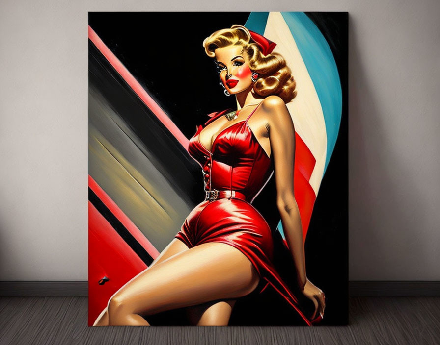 Colorful pin-up style illustration of a woman in red dress against abstract room backdrop