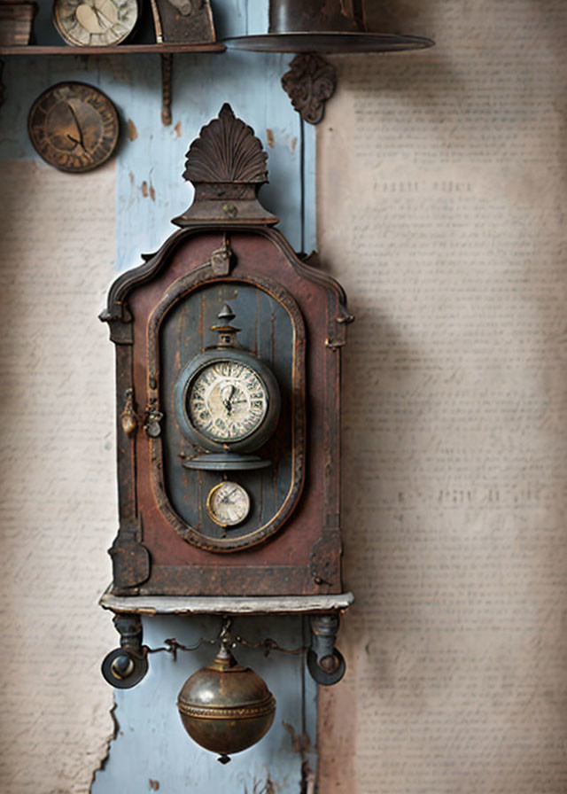 Vintage Wall Clock with Pendulum on Blue Wooden Background and Old Books