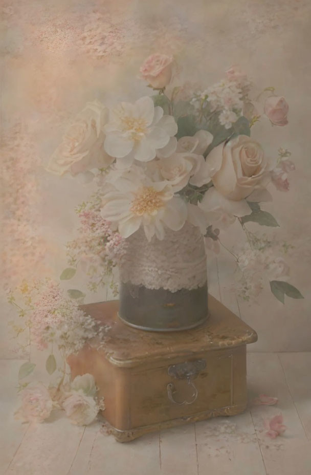 Pastel roses and white flowers in lace-wrapped vase on antique box