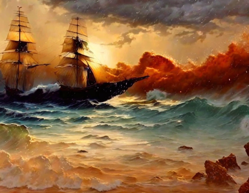 Sailing ship battles stormy seas at golden sunset