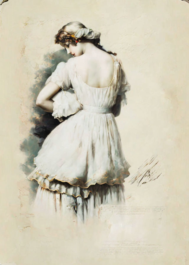 Vintage Illustration of Woman in White Dress with Ruffles on Aged Parchment