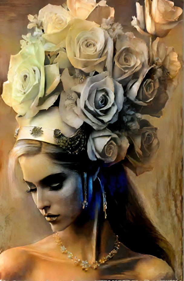 Portrait of Woman with Pastel Roses Headpiece and Golden Necklace