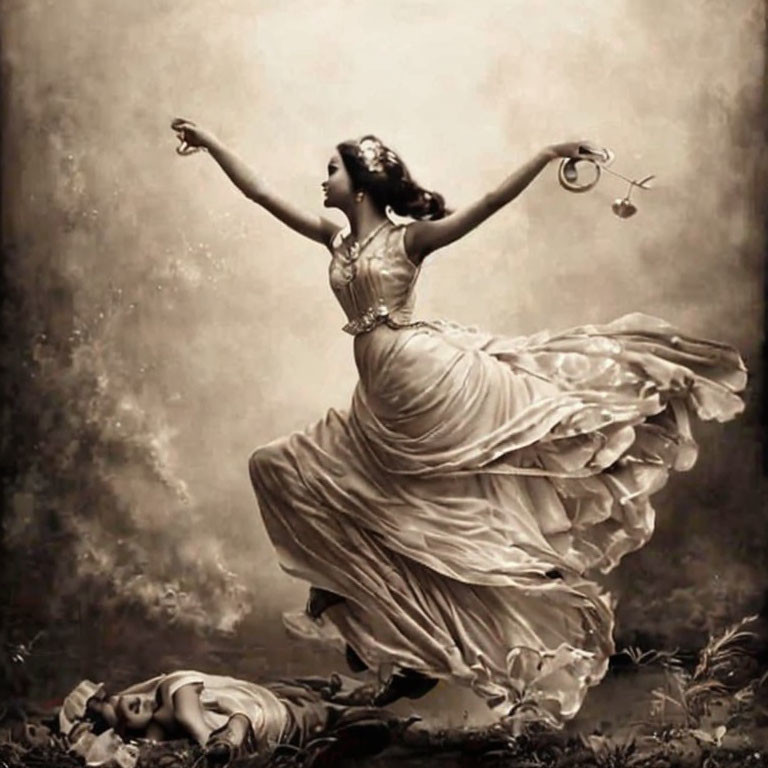 Ethereal sepia-toned dance scene with graceful woman above reclining figure