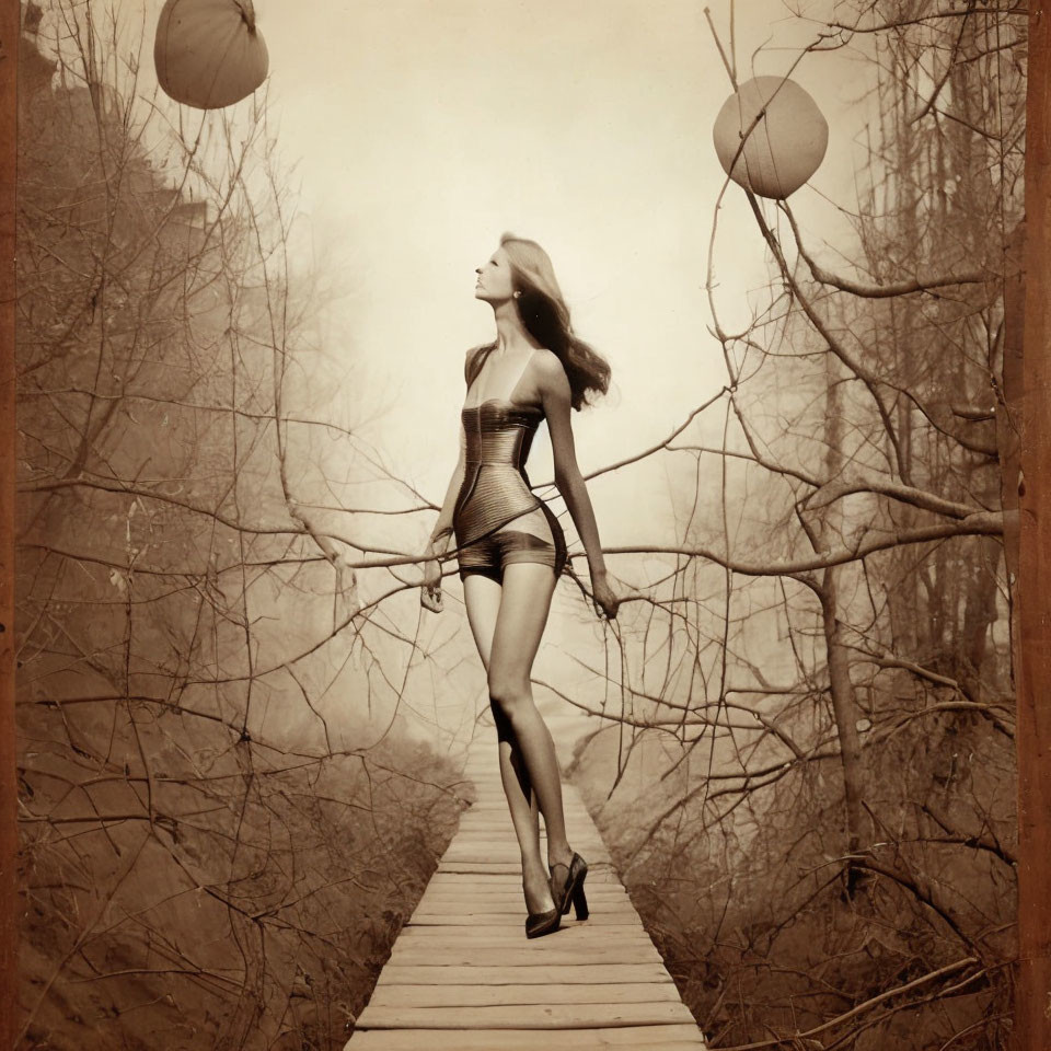 Sepia-Toned Vintage Photo: Woman in Corset and Shorts Walking with Balloons