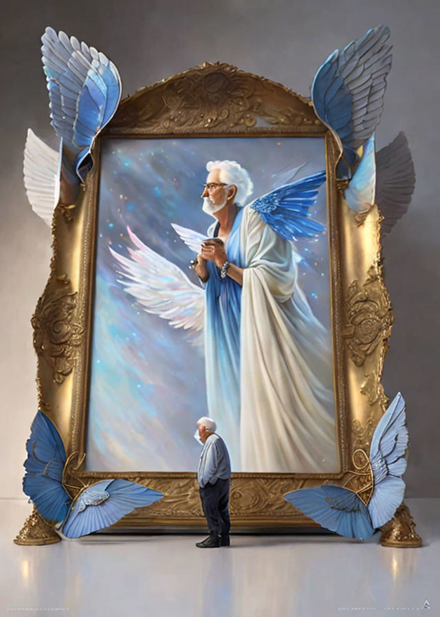 Elderly man admires angelic self-portrait with blue wings and halo