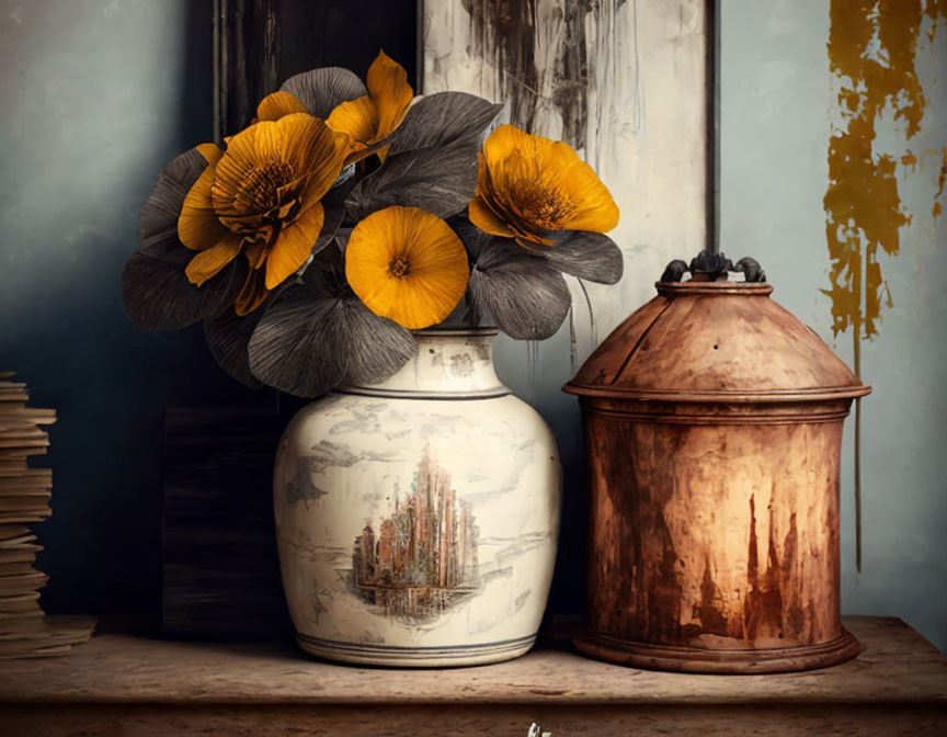 Vintage Ceramic Vase with Yellow Flowers, Copper Container, Old Books on Rustic Background